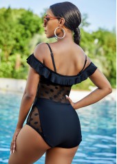 Black swimwear,Plain Color swimwear,ROTITA Polka Dot Mesh Stitching Stringy Selvedge One Piece Swimwear
