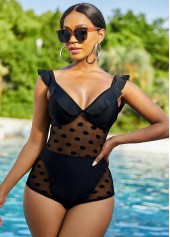 Black swimwear,Plain Color swimwear,ROTITA Polka Dot Mesh Stitching Stringy Selvedge One Piece Swimwear