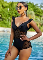 Black swimwear,Plain Color swimwear,ROTITA Polka Dot Mesh Stitching Stringy Selvedge One Piece Swimwear