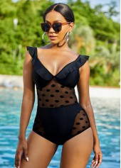 ROTITA Polka Dot Mesh Stitching Stringy Selvedge One Piece Swimwear