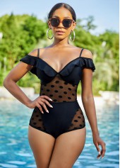 Black swimwear,Plain Color swimwear,ROTITA Polka Dot Mesh Stitching Stringy Selvedge One Piece Swimwear