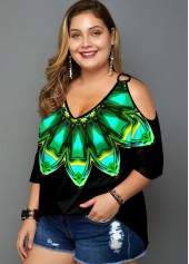 Green plus size,Floral plus size,ROTITA Psychedelic Print Plus Size Cold Shoulder T Shirt