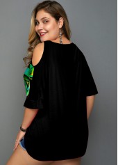 Green plus size,Floral plus size,ROTITA Psychedelic Print Plus Size Cold Shoulder T Shirt