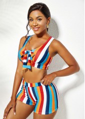 Multi Color swimwear,Striped swimwear,ROTITA Rainbow Stripe Bowknot High Waisted Bikini Set