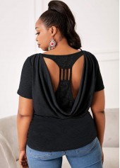 Black plus size,Plain Color plus size,ROTITA Plus Size Pierced Lace Stitching T Shirt