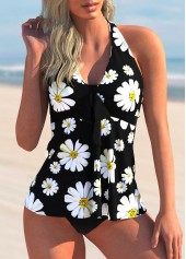 ROTITA Bowknot Daisy Print Halter Tankini Set