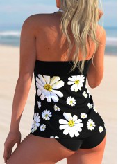 Black swimwear,Floral swimwear,ROTITA Bowknot Daisy Print Halter Tankini Set