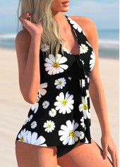 Black swimwear,Floral swimwear,ROTITA Bowknot Daisy Print Halter Tankini Set