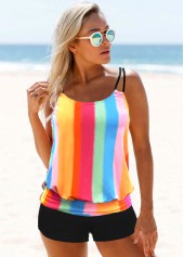 Spaghetti Strap Rainbow Stripe Tankini Set 