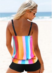 Multi Color swimwear,Striped swimwear,Spaghetti Strap Rainbow Stripe Tankini Set 