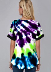 Multi Color tops,Tie Dye tops,ROTITA Split Neck Tie Dye Print Short Sleeve Blouse