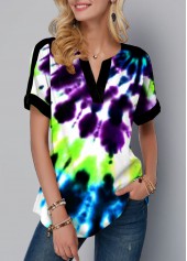 ROTITA Split Neck Tie Dye Print Short Sleeve Blouse