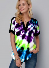 Multi Color tops,Tie Dye tops,ROTITA Split Neck Tie Dye Print Short Sleeve Blouse