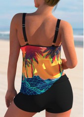 Multi Color swimwear,Graphic swimwear,ROTITA Colorful Scape Print Spaghetti Strap Tankini Set 