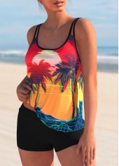 Multi Color swimwear,Graphic swimwear,ROTITA Colorful Scape Print Spaghetti Strap Tankini Set 