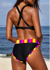 Multi Color swimwear,Striped swimwear,ROTITA Mid Waist Cross Strap Striped Bikini Set 