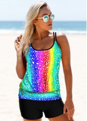 Multi Color swimwear,Dazzle Colorful swimwear,ROTITA Spaghetti Strap Colorful Printed Tankini Set 