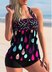 Blue swimwear,Floral swimwear,ROTITA Shirred Rainbow Color Raindrop Print Tankini Set 