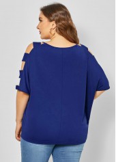 Blue plus size,Plain Color plus size,ROTITA Ladder Cutout Plus Size Cross Strap T Shirt
