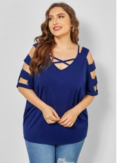 Blue plus size,Plain Color plus size,ROTITA Ladder Cutout Plus Size Cross Strap T Shirt