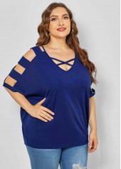 Blue plus size,Plain Color plus size,ROTITA Ladder Cutout Plus Size Cross Strap T Shirt