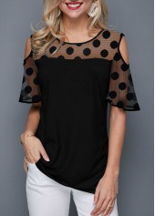 ROTITA Cold Shoulder Polka Dot Round Neck T Shirt