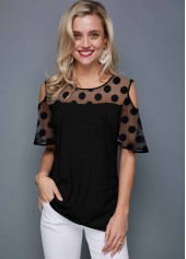 Black tops,Dot tops,ROTITA Cold Shoulder Polka Dot Round Neck T Shirt