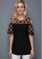 Black tops,Dot tops,ROTITA Cold Shoulder Polka Dot Round Neck T Shirt