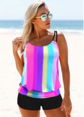 Spaghetti Strap Rainbow Stripe Tankini Set 