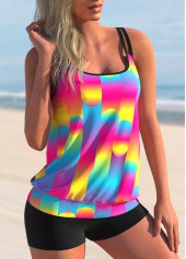 Multi Color swimwear,Geometric swimwear,ROTITA Double Straps Geometric Print Colorful Tankini Set 