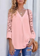 Pink tops,Plain Color tops,ROTITA Lace Stitching Pink Split Neck Blouse