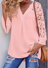 Pink tops,Plain Color tops,ROTITA Lace Stitching Pink Split Neck Blouse