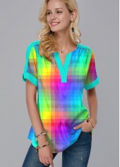 Multi Color tops,Plaid tops,ROTITA Split Neck Colorful Plaid Short Sleeve Blouse