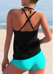 Cyan swimwear,Floral swimwear,ROTITA Halter Floral Print Cross Strap Tankini Set 