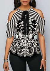 ROTITA Cashews Print Cold Shoulder Bowknot Blouse