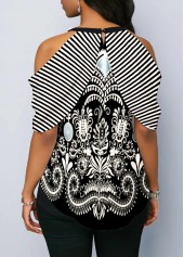 Multi Color tops,Paisley tops,ROTITA Cashews Print Cold Shoulder Bowknot Blouse