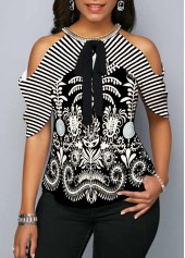 Multi Color tops,Paisley tops,ROTITA Cashews Print Cold Shoulder Bowknot Blouse