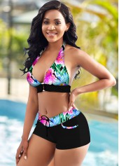 Multi Color swimwear,Floral swimwear,ROTITA Mid Waist Floral Print Halter Bikini Set 
