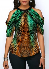 ROTITA Animal Print Cold Shoulder Half Sleeve Blouse