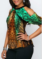 Multi Color tops,Animal Print tops,ROTITA Animal Print Cold Shoulder Half Sleeve Blouse