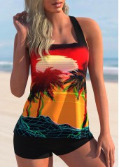 ROTITA Criss Cross Back Scape Print Wide Strap Tankini Set 