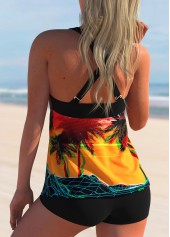 Multi Color swimwear,Graphic swimwear,ROTITA Criss Cross Back Scape Print Wide Strap Tankini Set 