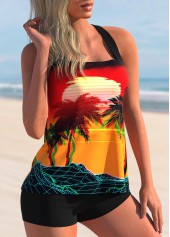 Multi Color swimwear,Graphic swimwear,ROTITA Criss Cross Back Scape Print Wide Strap Tankini Set 