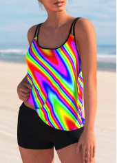 Multi Color swimwear,Floral swimwear,ROTITA Mid Waist Printed Rainbow Color Tankini Set