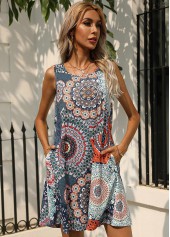 Multi Color dresses,Floral dresses,Printed Sleeveless Round Neck Double Pocket Dress