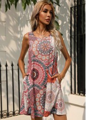 Multi Color dresses,Floral dresses,Printed Double Pocket Round Neck Sleeveless Dress
