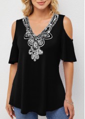 ROTITA Embellished Neck Half Sleeve Cold Shoulder T Shirt