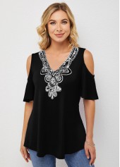 Black tops,Plain Color tops,ROTITA Embellished Neck Half Sleeve Cold Shoulder T Shirt