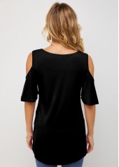 Black tops,Plain Color tops,ROTITA Embellished Neck Half Sleeve Cold Shoulder T Shirt