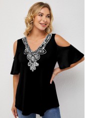 Black tops,Plain Color tops,ROTITA Embellished Neck Half Sleeve Cold Shoulder T Shirt